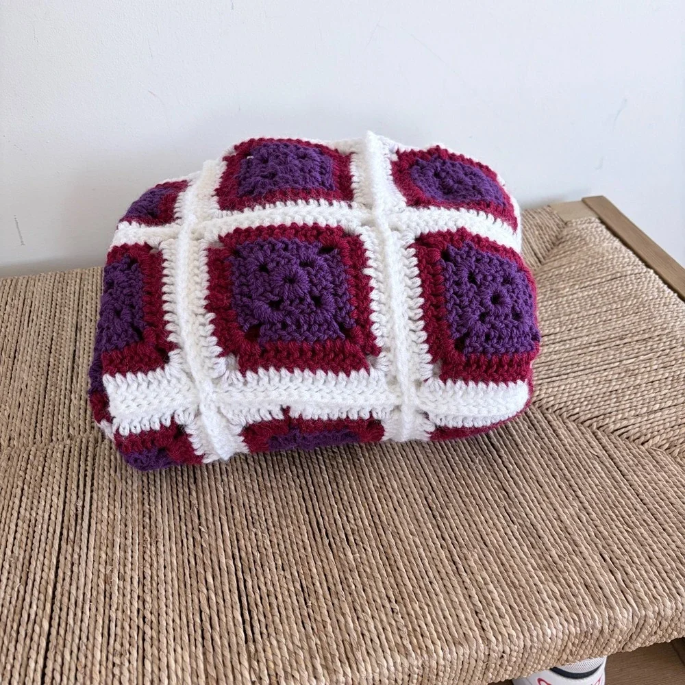 Red Purple‎ White Hand Crocheted Afghan Throw Lap Blanket 36x47 Granny Square